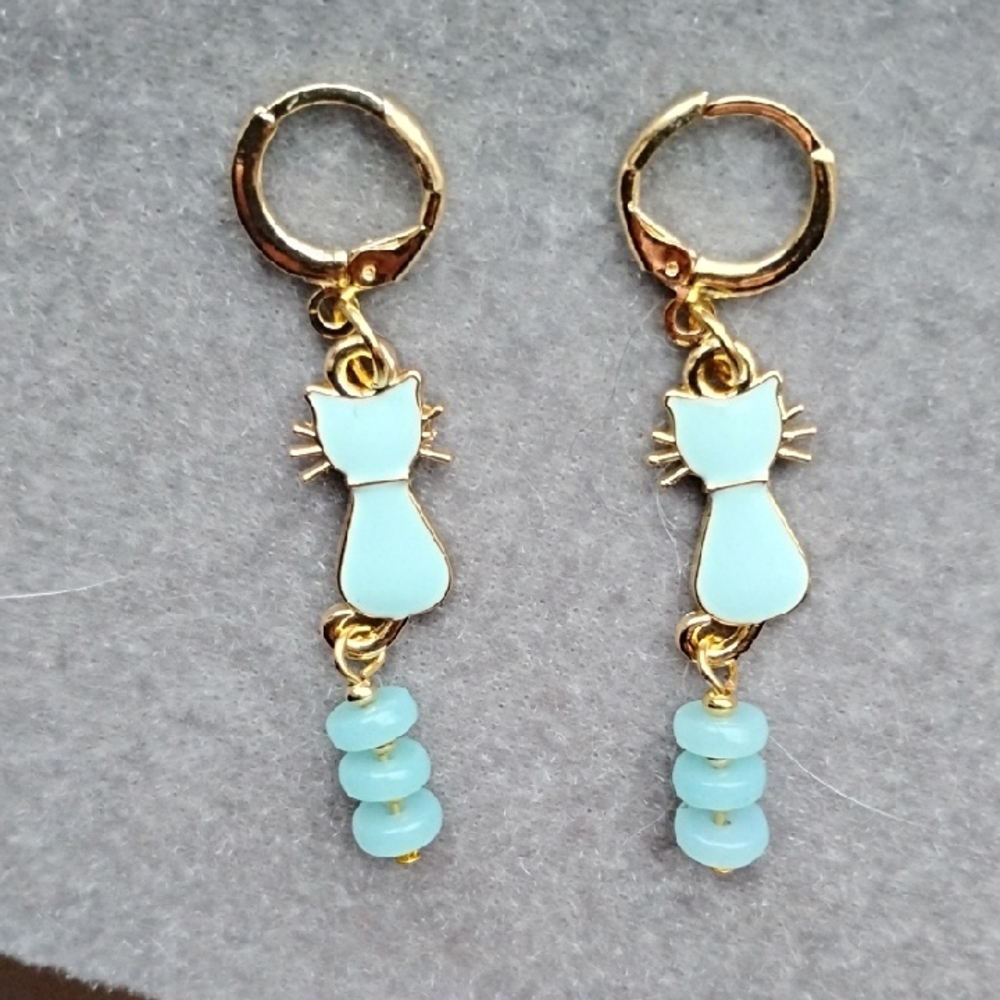 Hand Crafted Blue Enamel Cat Earrings With Gemstone Disks
